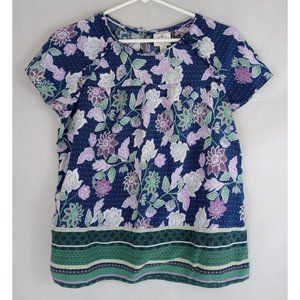 St. John's Bay Women's Blue Blouse With White & Purple Floral Designs Size Large